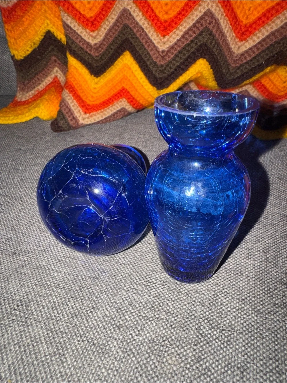 VINTAGE Cobalt Blue Crackle Glass Mini Vases Set of 2 –Mid-Century Modern